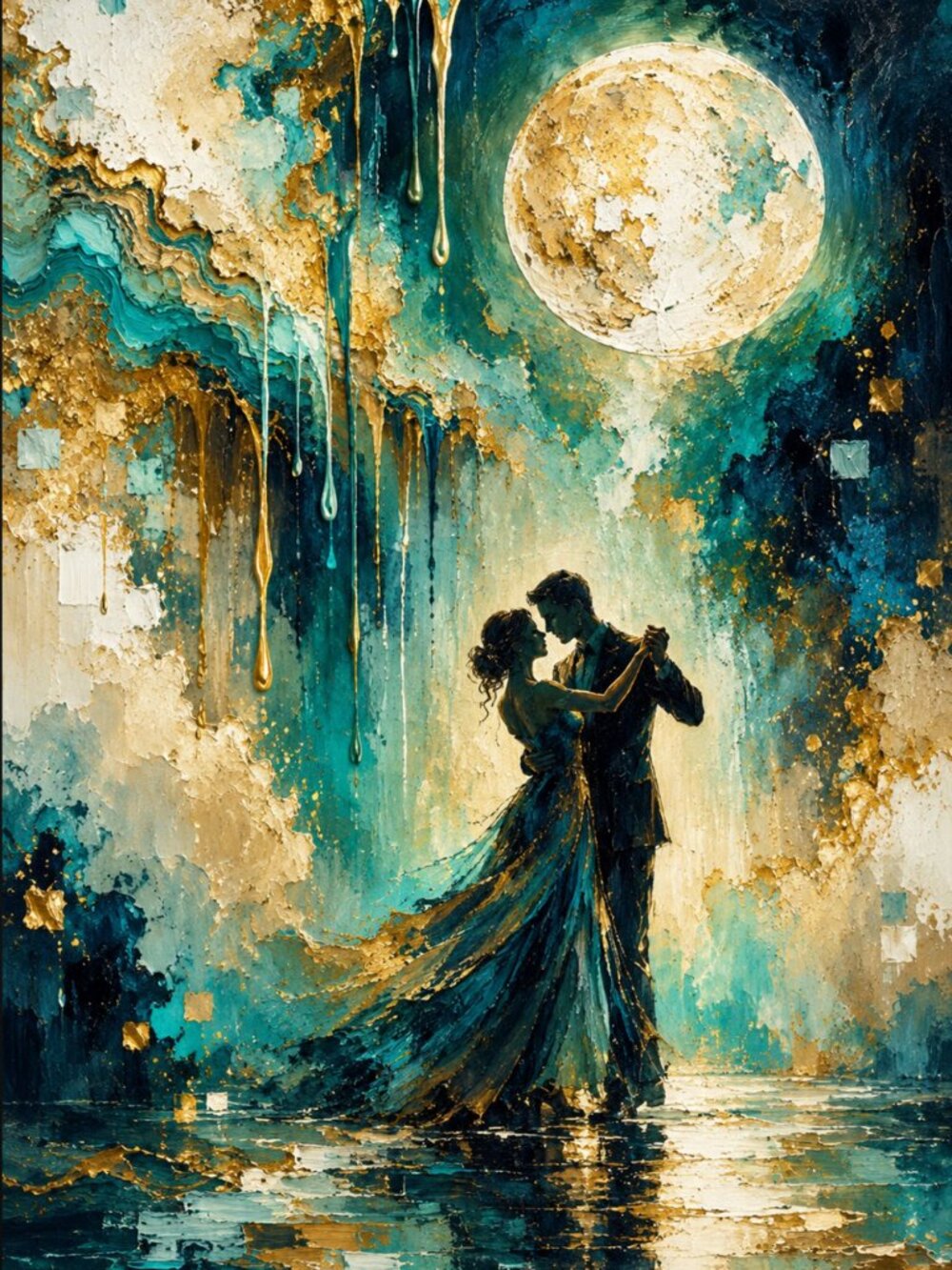 Midnight Serenade Art Print | Teal and Gold Abstract Wall Decor